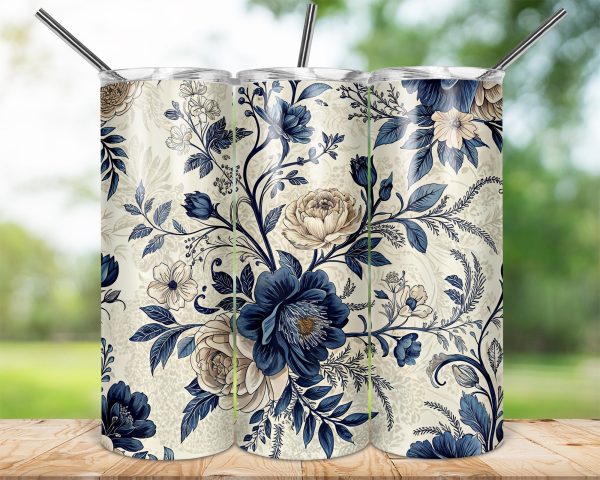 Elegant Blue Floral Pattern 20oz Skinny Sublimation Tumbler Wrap - Image 2