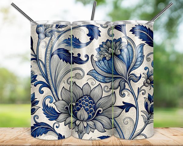 Intricate Blue Floral Design 20oz Skinny Sublimation Tumbler Wrap - Image 2