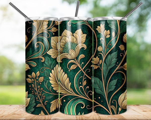 Floral Green and Gold Botanical Design 20oz Skinny Sublimation Tumbler Wrap - Image 2