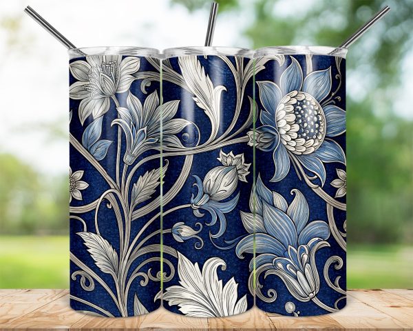 Elegant Blue and White Floral Design 20oz Skinny Sublimation Tumbler Wrap - Image 2