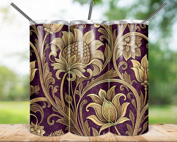 Ornate Floral Illustration on Purple 20oz Skinny Sublimation Tumbler Wrap - Image 2