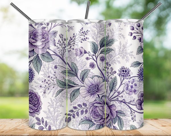 Elegant Floral Design Purple 20oz Skinny Sublimation Tumbler Wrap - Image 2