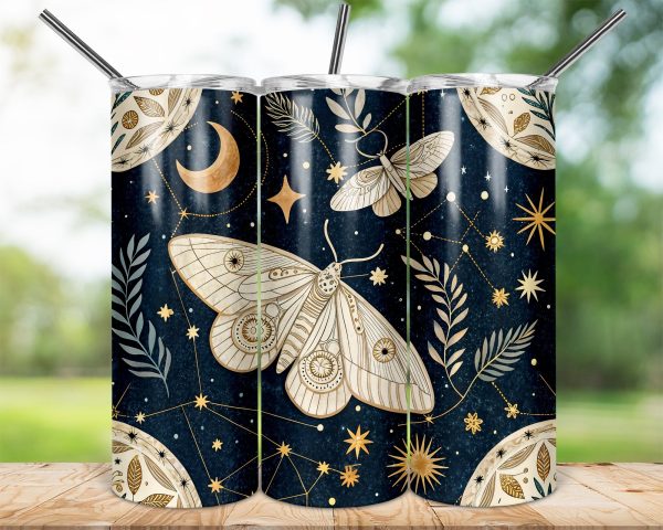 Celestial Moths and Stars Design 20oz Skinny Sublimation Tumbler Wrap - Image 2