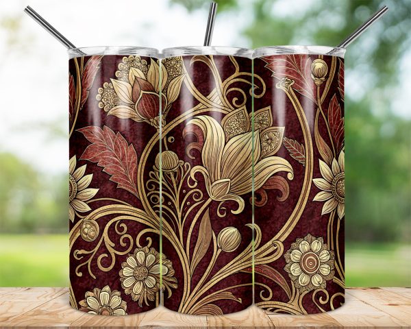 Elegant Gold Floral Pattern on Burgundy 20oz Skinny Sublimation Tumbler Wrap - Image 2