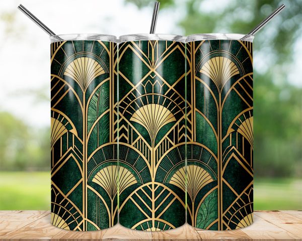 Elegant Green Gold Art Deco Pattern 20oz Skinny Sublimation Tumbler Wrap - Image 2