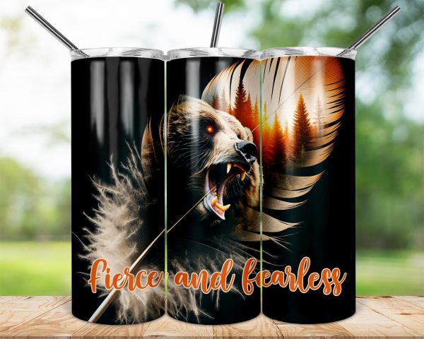 20oz Skinny Sublimation Tumbler Wrap, fierce and fearless design, forest bear art, inspirational gift for nature lovers