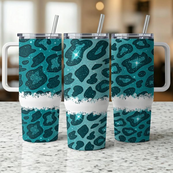 Sparkling Teal Leopard Print 40oz Tumbler Wrap, Glitter Leopard Print Sublimation Tumbler Wrap, Teal Leopard Glitter Tumbler Wrap