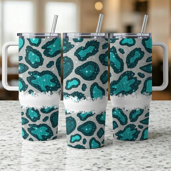 Leopard Glitter Green Tumbler Wrap, 40oz Sublimation Tumbler Wrap, Teal Animal Print Tumbler, Stylish Tumbler Wrap Design