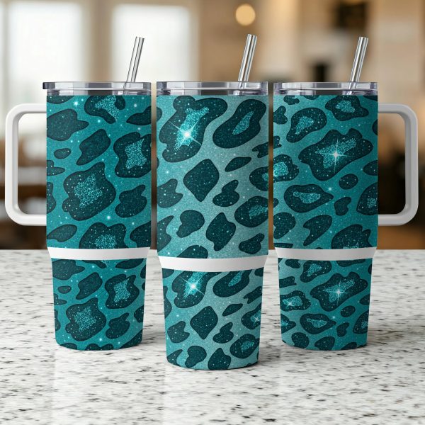 Sparkling Teal Leopard Print 40oz Tumbler Wrap, Glitter Leopard Print Sublimation Tumbler Wrap, Teal Leopard Glitter Tumbler Wrap - Image 2