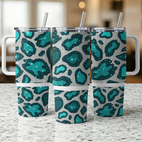 Leopard Glitter Green Tumbler Wrap, 40oz Sublimation Tumbler Wrap, Teal Animal Print Tumbler, Stylish Tumbler Wrap Design - Image 2