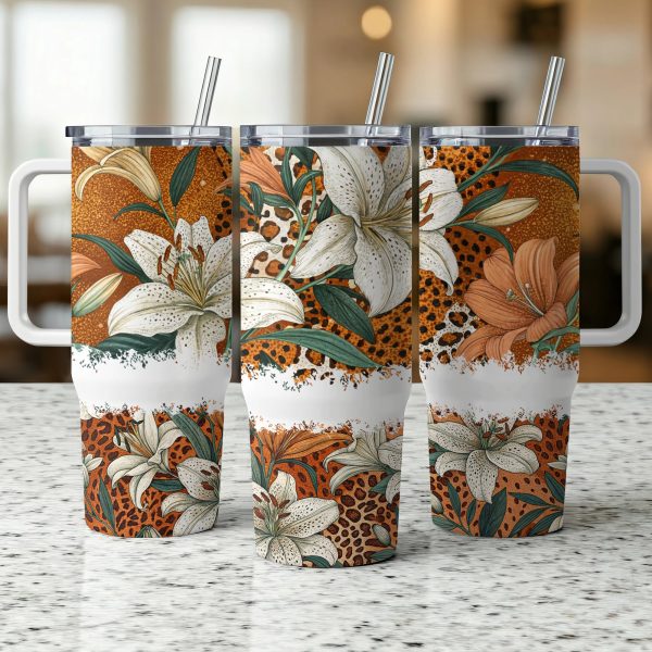 40oz Sublimation Tumbler Wrap, Floral Print Skinny Tumbler, Leopard Print Tumbler, Reusable Coffee Cup, Gift for Her, Travel Mug