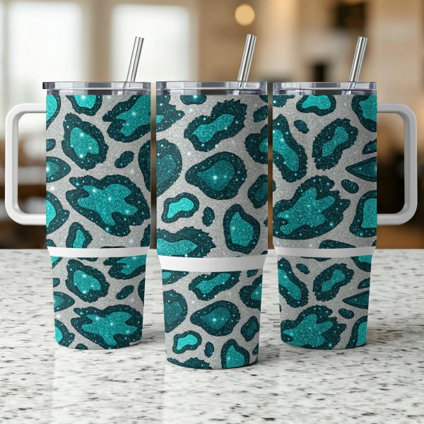 Leopard Glitter Green Tumbler Wrap, 40oz Sublimation Tumbler Wrap, Teal Animal Print Tumbler, Stylish Tumbler Wrap Design - Image 5