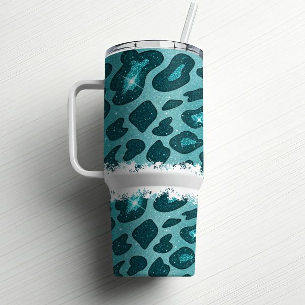 Sparkling Teal Leopard Print 40oz Tumbler Wrap, Glitter Leopard Print Sublimation Tumbler Wrap, Teal Leopard Glitter Tumbler Wrap - Image 6