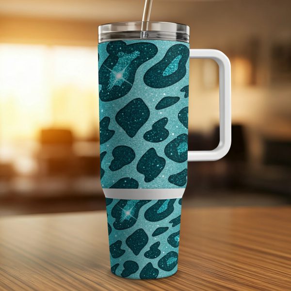 Sparkling Teal Leopard Print 40oz Tumbler Wrap, Glitter Leopard Print Sublimation Tumbler Wrap, Teal Leopard Glitter Tumbler Wrap - Image 3