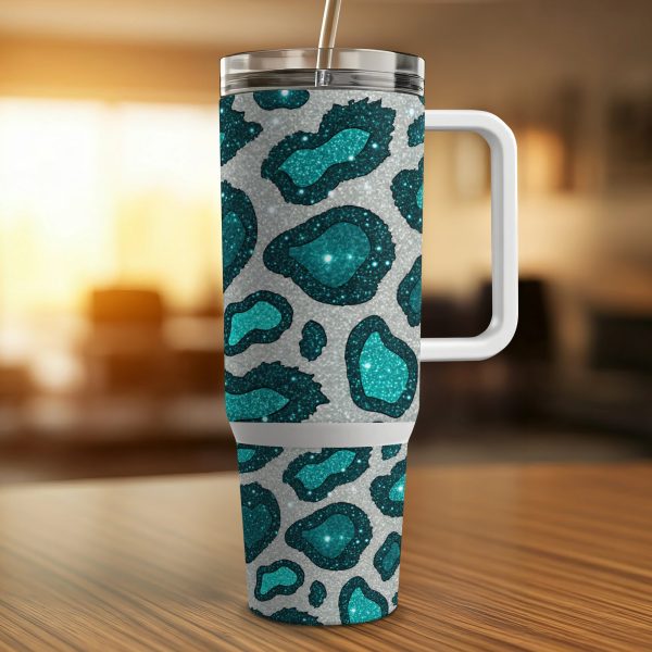 Leopard Glitter Green Tumbler Wrap, 40oz Sublimation Tumbler Wrap, Teal Animal Print Tumbler, Stylish Tumbler Wrap Design - Image 3