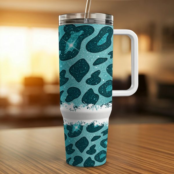 Sparkling Teal Leopard Print 40oz Tumbler Wrap, Glitter Leopard Print Sublimation Tumbler Wrap, Teal Leopard Glitter Tumbler Wrap - Image 4