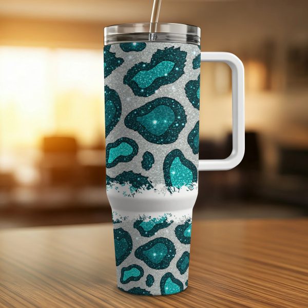 Leopard Glitter Green Tumbler Wrap, 40oz Sublimation Tumbler Wrap, Teal Animal Print Tumbler, Stylish Tumbler Wrap Design - Image 4