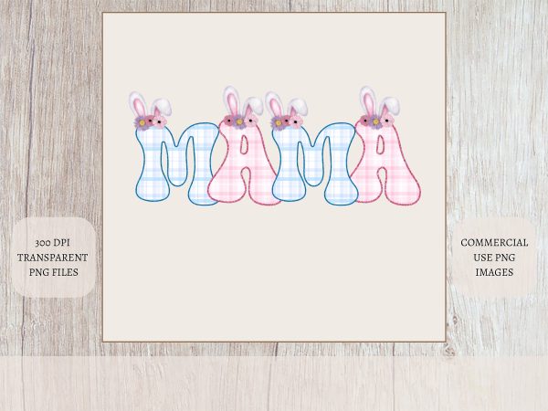 Mama Bunny Ears Spring Design, Cute Easter Sublimation PNG, 300 DPI Transparent Background, Plaid Mama Graphic For Crafting - Image 3