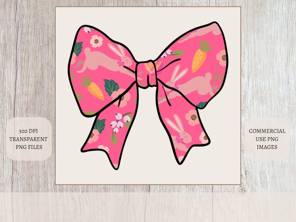 Pink Bunny Coquette Bow Design Sublimation PNG 300 DPI Easter Clipart Transparent Rabbit Spring Floral Carrot Digital Download - Image 3