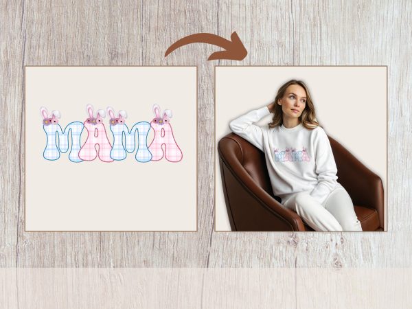 Mama Bunny Ears Spring Design, Cute Easter Sublimation PNG, 300 DPI Transparent Background, Plaid Mama Graphic For Crafting - Image 2