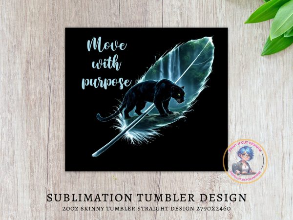 Move with purpose 20oz Skinny Tumbler Wrap, Black Panther Tumbler Cup Wrap, Feather Print Sublimation, Wildlife Tumbler Gift - Image 3