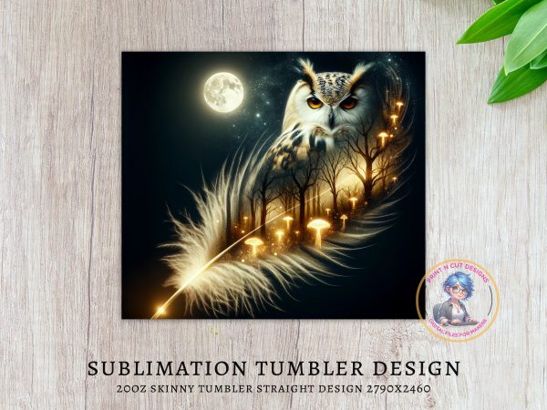 Owl Forest Moonlit Night 20oz Skinny Sublimation Tumbler Wrap, Ethereal Feather Design with Glowing Mushrooms and Night Sky, Celestial - Image 3