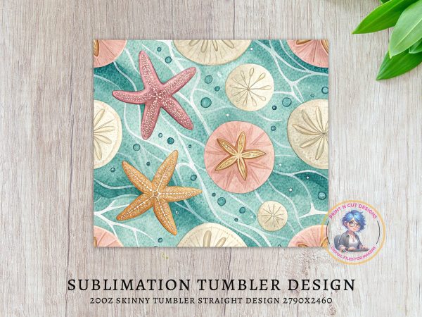 Colorful Starfish and Sand Dollars Illustration 20oz Skinny Tumbler Wrap - Image 3