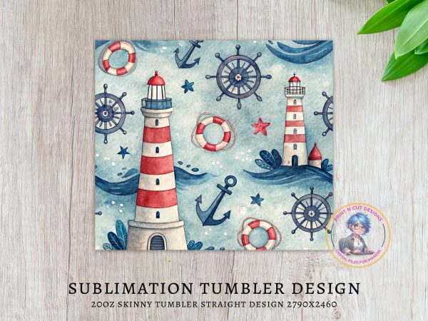 Nautical Lighthouse and Anchors Design 20oz Skinny Tumbler Wrap - Image 3