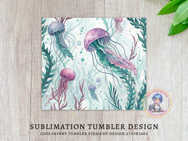 Watercolor Jellyfish Theme for 20oz Skinny Tumbler Wrap - Image 3