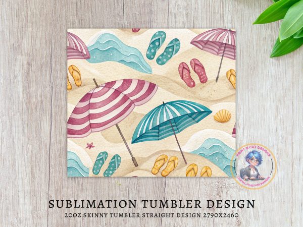 Beach Umbrellas Flip-Flops and Shells 20oz Skinny Sublimation Tumbler Wrap - Image 3