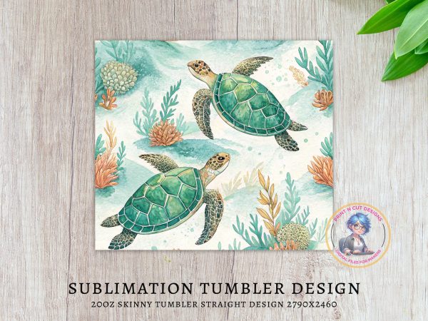 Sea Turtle and Ocean Scene 20oz Skinny Sublimation Tumbler Wrap - Image 3