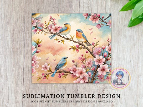 Beautiful Birds on Cherry Blossoms 20oz Skinny Sublimation Tumbler Wrap - Image 3