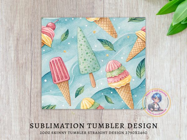 Summer Ice Cream Popsicle Design 20oz Skinny Sublimation Tumbler Wrap - Image 3