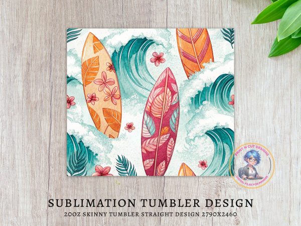 Vibrant Tropical Surfboard Artwork 20oz Skinny Sublimation Tumbler Wrap - Image 3