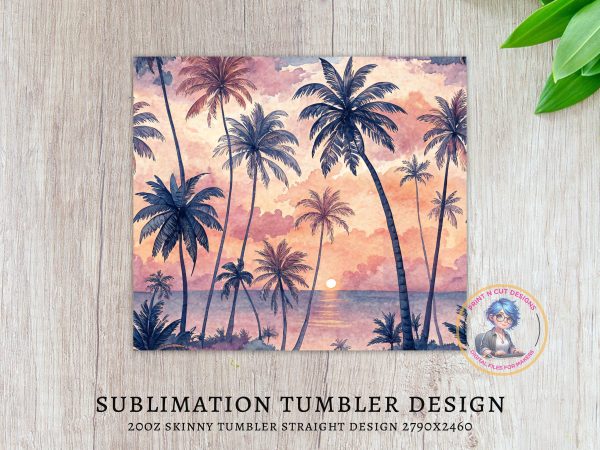 Vintage Sunset Palm Trees Tropical Beach Scene 20oz Skinny Sublimation Tumbler Wrap - Image 3