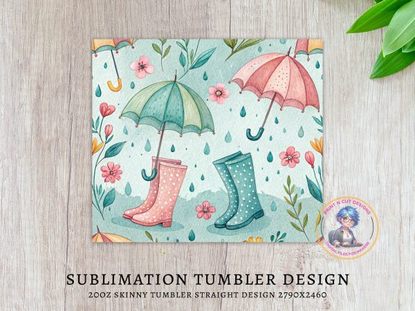 Umbrellas and Rain Boots Floral 20oz Skinny Sublimation Tumbler Wrap - Image 3