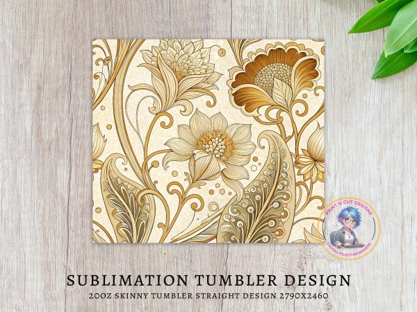 Elegant Gold and Beige Floral Pattern 20oz Skinny Sublimation Tumbler Wrap - Image 3