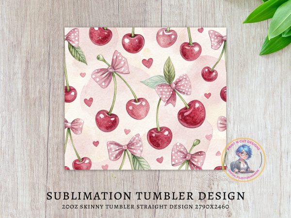 Adorable Cherry Heart and Bow Pattern 20oz Skinny Sublimation Tumbler Wrap - Image 3