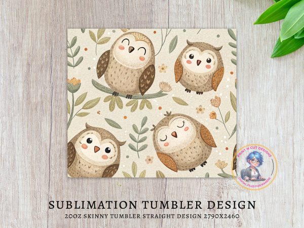 Cute Owls and Leaves Illustration 20oz Skinny Sublimation Tumbler Wrap - Image 3