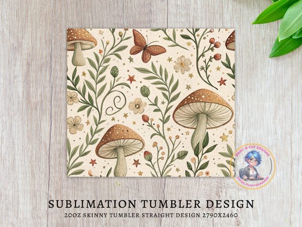 Whimsical Nature Mushroom and Butterfly 20oz Skinny Sublimation Tumbler Wrap - Image 3