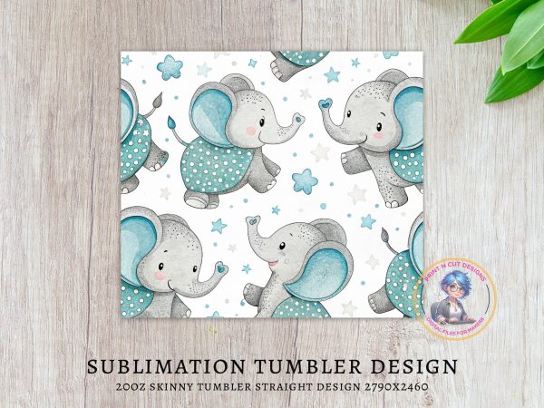 Cute Elephant and Star Design 20oz Skinny Sublimation Tumbler Wrap - Image 3