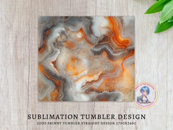 Beautiful Abstract Marble Pattern Orange Gray Design 20oz Skinny Tumbler Sublimation Wrap - Image 3