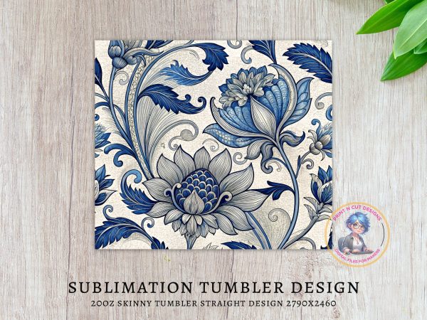 Intricate Blue Floral Design 20oz Skinny Sublimation Tumbler Wrap - Image 3