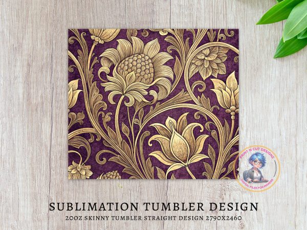 Ornate Floral Illustration on Purple 20oz Skinny Sublimation Tumbler Wrap - Image 3