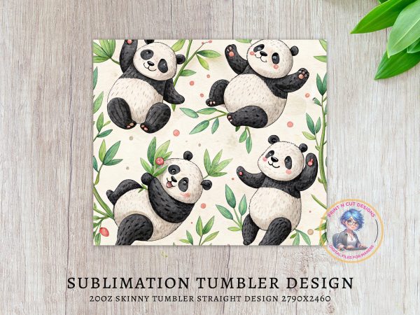 Playful Pandas Bamboo Illustration 20oz Skinny Sublimation Tumbler Wrap - Image 3