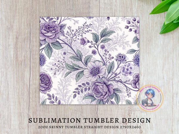 Elegant Floral Design Purple 20oz Skinny Sublimation Tumbler Wrap - Image 3