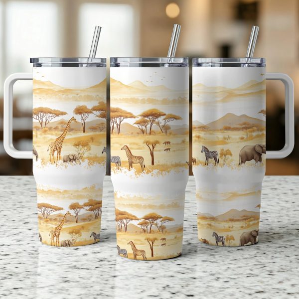 African Safari Animals 40oz Tumbler Wrap, Wildlife Jungle Sublimation Tumbler, 40oz Traveler Mug, Elephant Giraffe Zebra Design