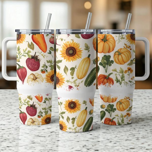 Autumn Harvest Floral Tumbler Wrap, Fall Season 40oz Sublimation Tumbler, Reusable Drinkware, Vibrant Floral Pumpkin Design, Unique Gift