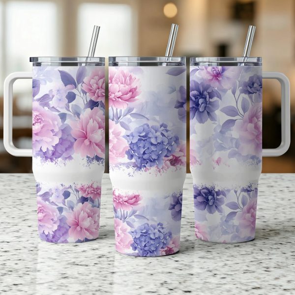 Floral 40oz Sublimation Tumbler Wrap, Purple and Pink Flowers Tumbler, Large Capacity Floral Tumbler, Reusable Drinkware