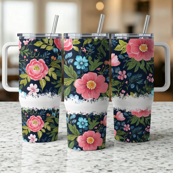 Floral 40oz Sublimation Tumbler Wrap, Wildflower Garden Tumbler Wrap, Reusable Tumbler with Lid and Straw, Insulated Floral Tumbler Wrap